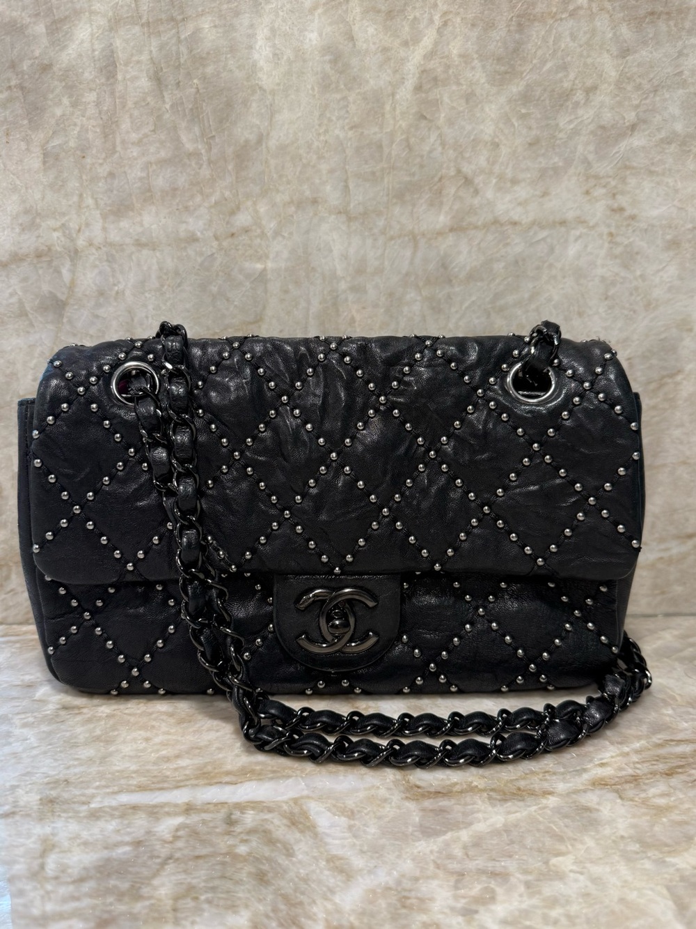 Chanel Paris Dallas Black Studded Flap Bag Metiers D'Art 2014 Crumpled So Black